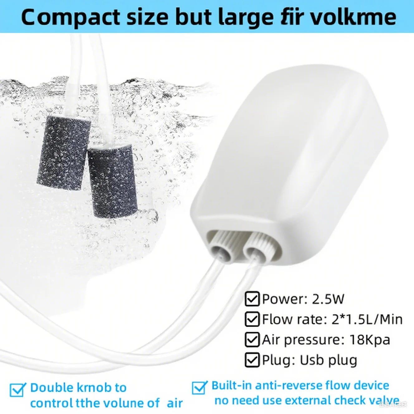 2025 Newest 2 Hole Dual Knab Adjustable Air Pump for Aquarium Oxygen Pump with Built-In Check Valve for Fish Tank