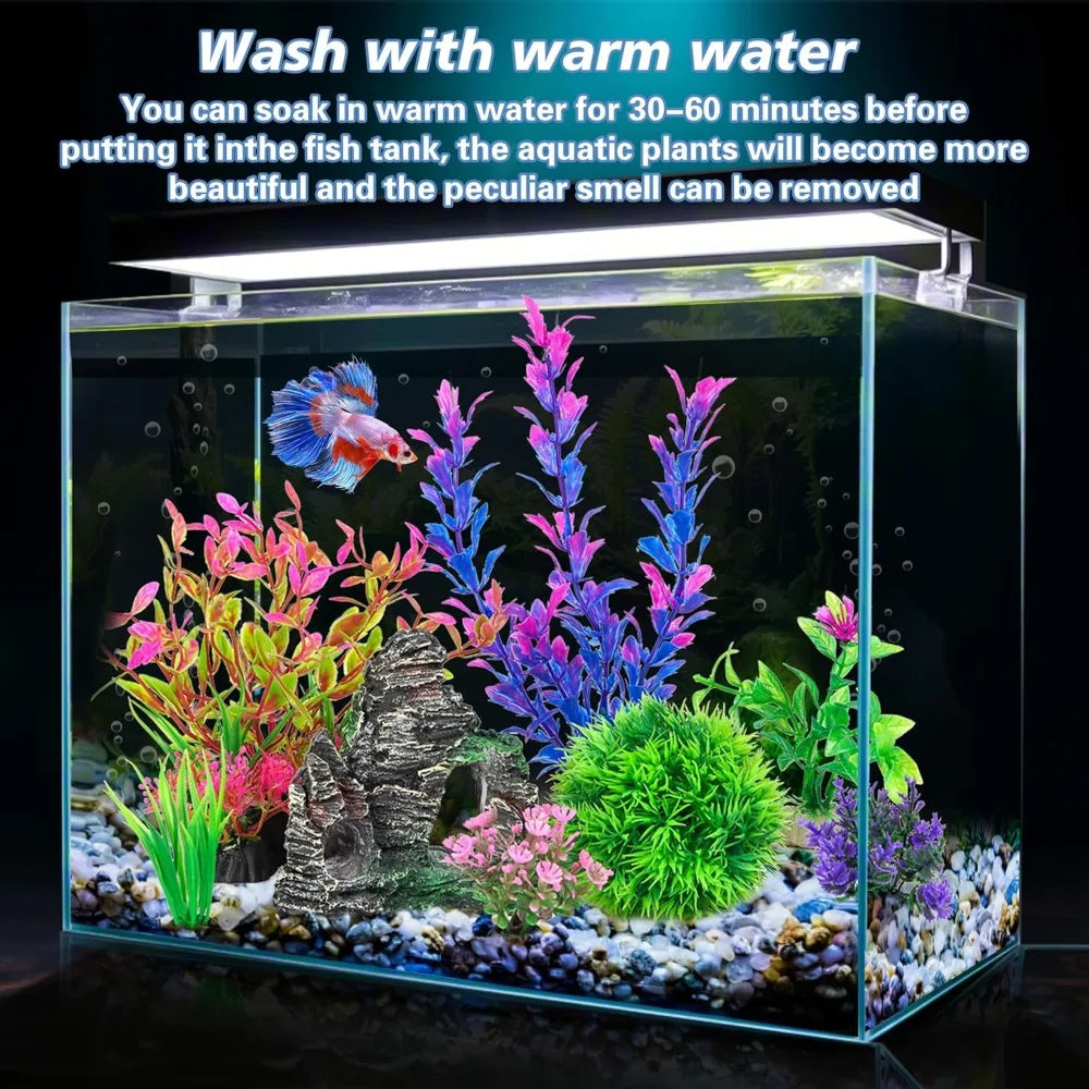 Aquarium Artificial Plastic Plants and Rock Cave Decor Set for Goldfish Betta Fish Tank Accessories