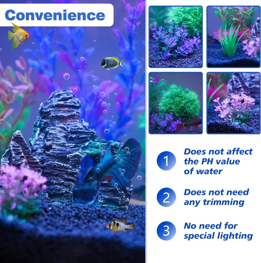 Aquarium Artificial Plastic Plants and Rock Cave Decor Set for Goldfish Betta Fish Tank Accessories