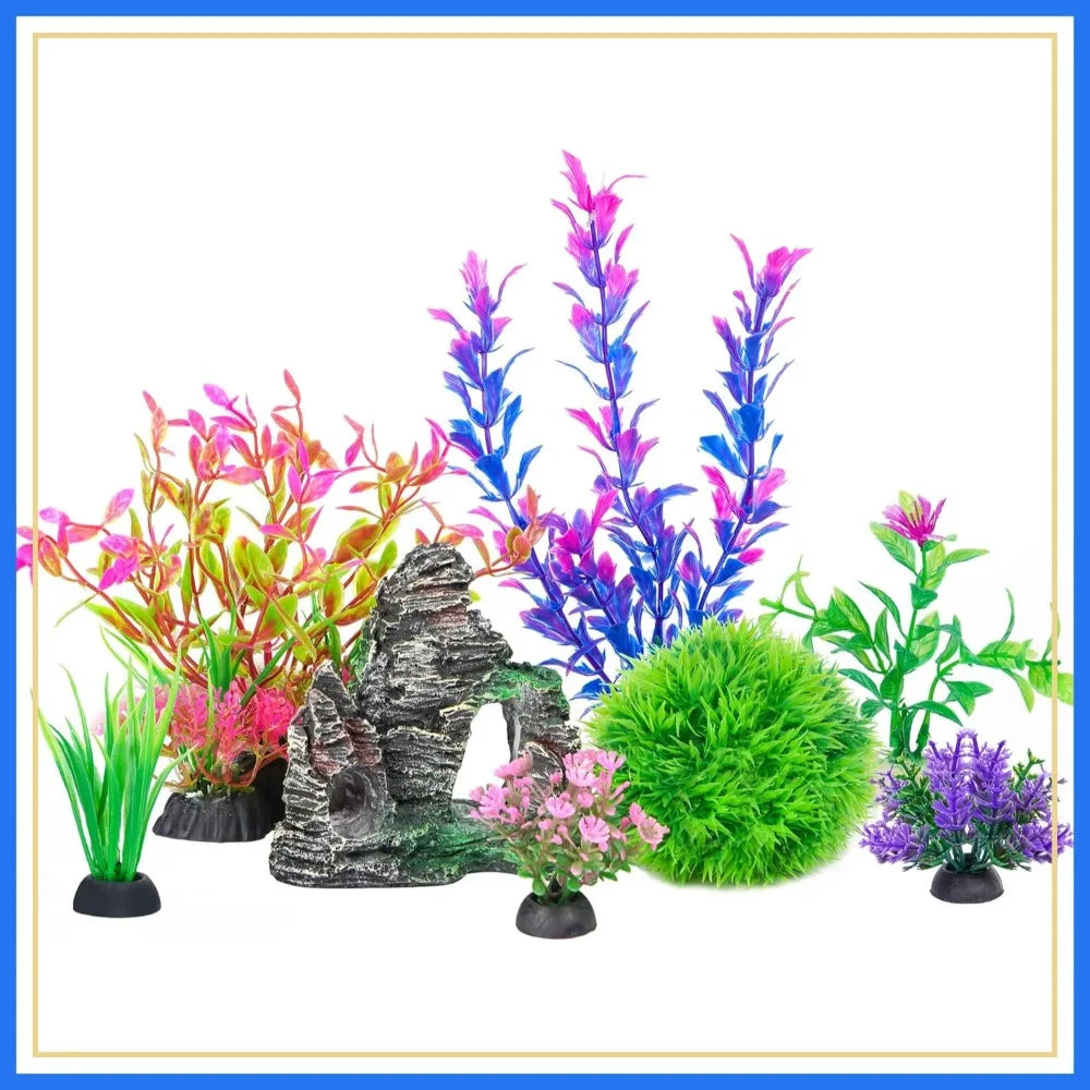 Aquarium Artificial Plastic Plants and Rock Cave Decor Set for Goldfish Betta Fish Tank Accessories