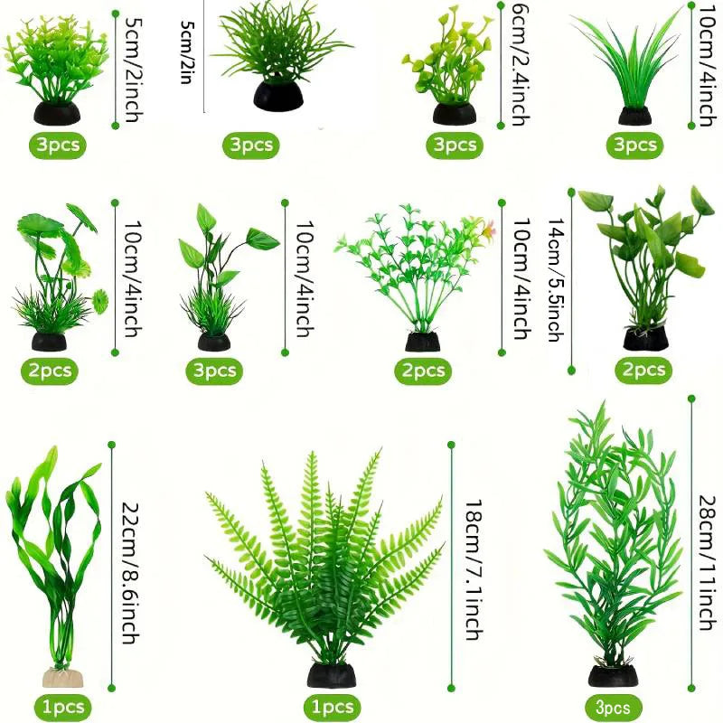 Aquarium Decor Set Artificial Plastic Plants for Fish Tank Plastic Grass Weeds for Aquatic Landscape Easy Aquascape Kit