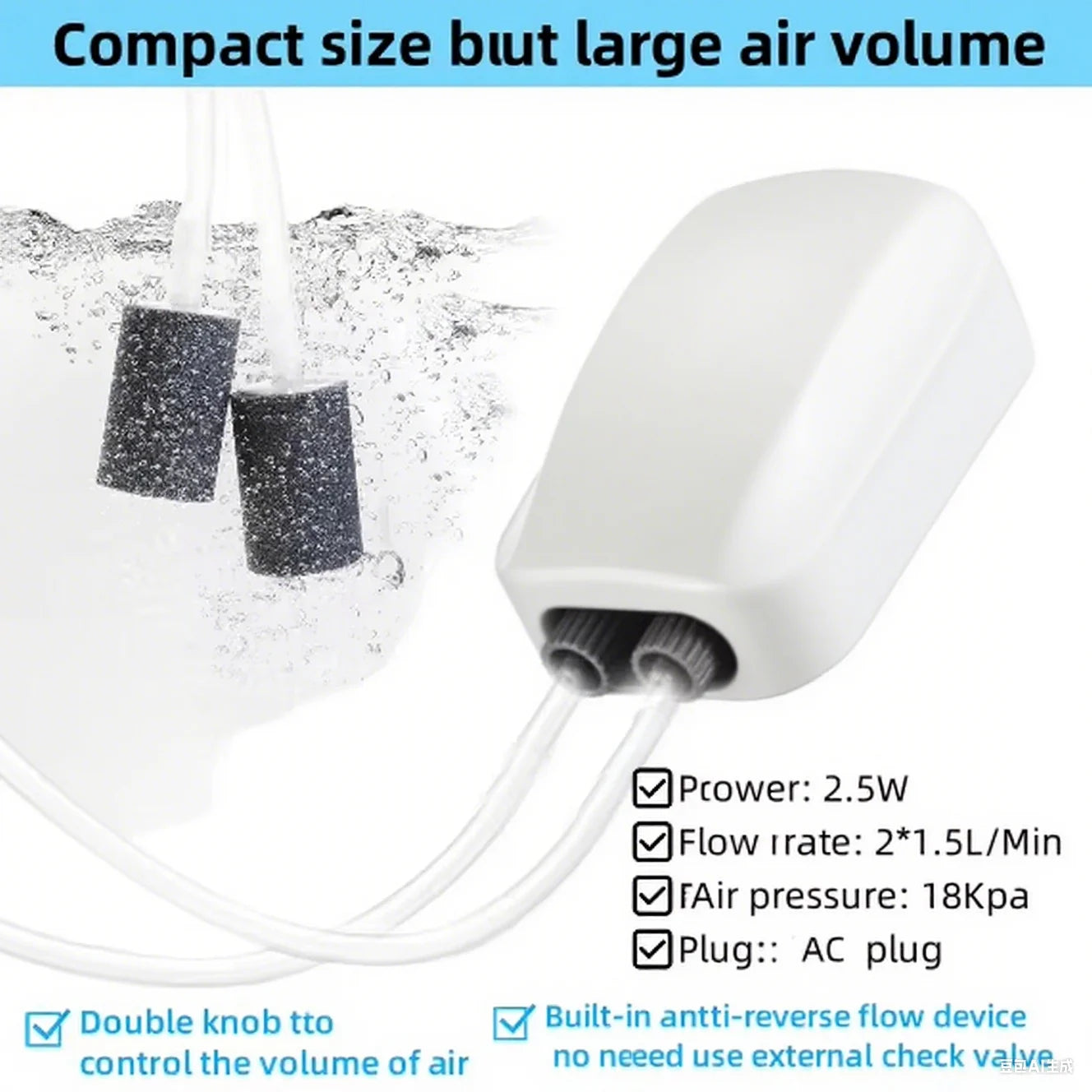 2025 Newest 2 Hole Dual Knab Adjustable Air Pump for Aquarium Oxygen Pump with Built-In Check Valve for Fish Tank