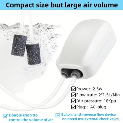 2025 Newest 2 Hole Dual Knab Adjustable Air Pump for Aquarium Oxygen Pump with Built-In Check Valve for Fish Tank