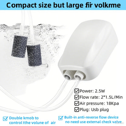 2025 Newest 2 Hole Dual Knab Adjustable Air Pump for Aquarium Oxygen Pump with Built-In Check Valve for Fish Tank