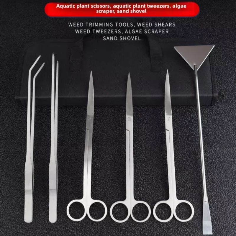 6-In-1 Stainless Steel Aquarium Tools Set Scissors Tweezers Algae Scraper Sand Shovel Fish Tank Plant Cleaning Accessories