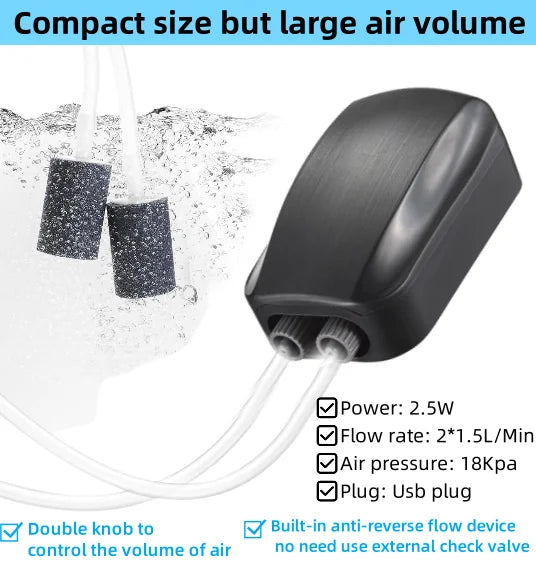 2025 Newest 2 Hole Dual Knab Adjustable Air Pump for Aquarium Oxygen Pump with Built-In Check Valve for Fish Tank