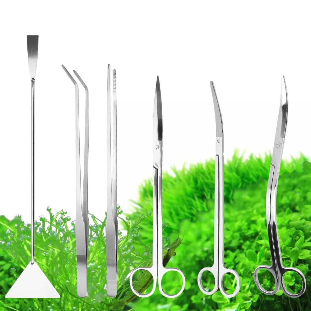 6-In-1 Stainless Steel Aquarium Tools Set Scissors Tweezers Algae Scraper Sand Shovel Fish Tank Plant Cleaning Accessories