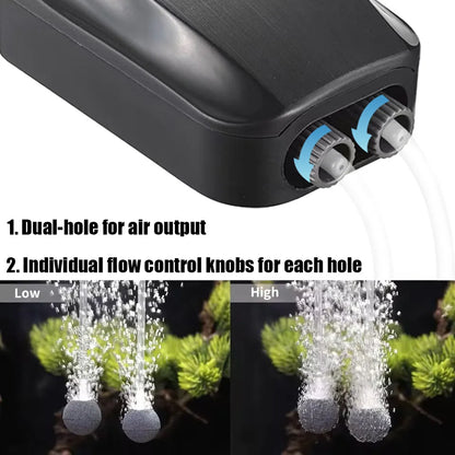 2025 Newest 2 Hole Dual Knab Adjustable Air Pump for Aquarium Oxygen Pump with Built-In Check Valve for Fish Tank