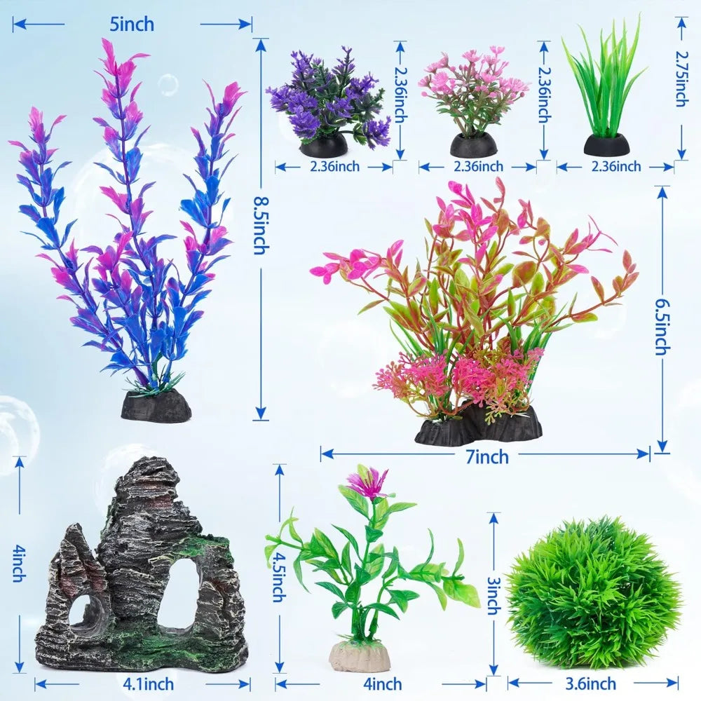 Aquarium Artificial Plastic Plants and Rock Cave Decor Set for Goldfish Betta Fish Tank Accessories